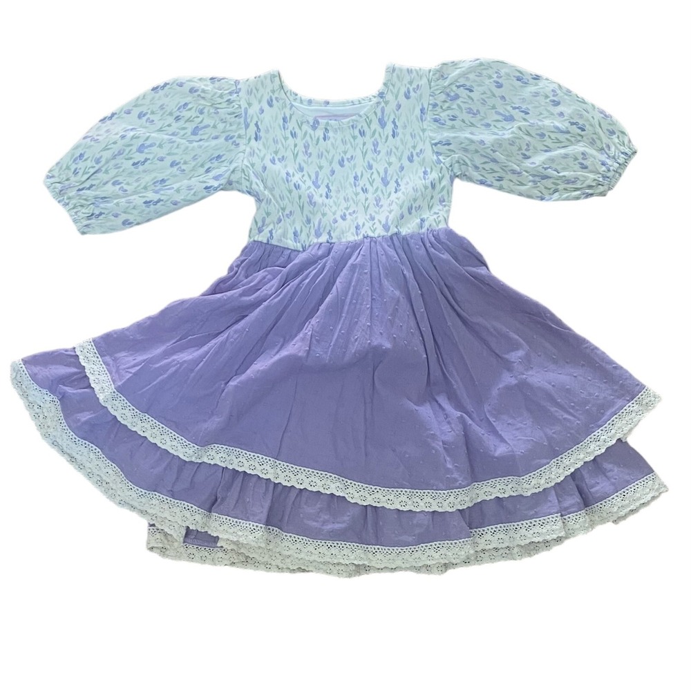 Girl August Dress Girls Size 6 Purple Floral Swiss Dot Lace Tiered Cottagecore